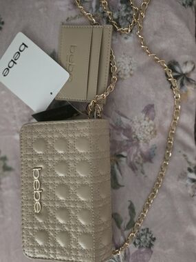 bebe Quilted Crossbody Bag in Beige with Gold Chain